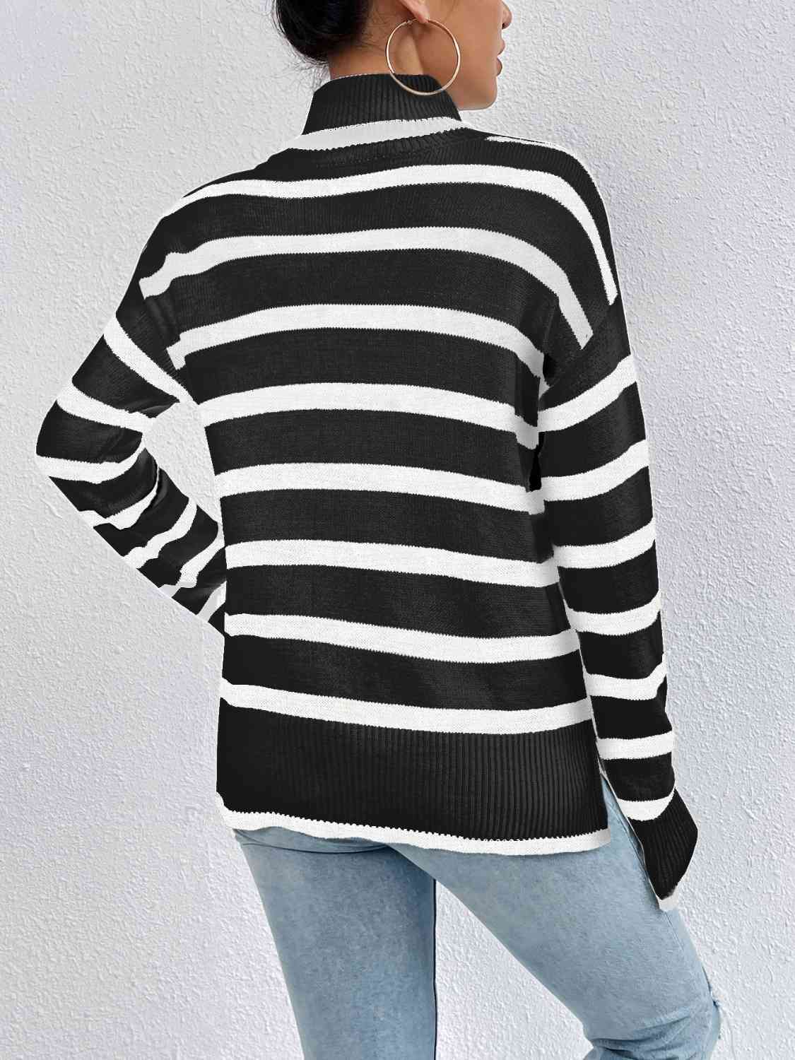 Striped Turtleneck Drop Shoulder Sweater BLUE ZONE PLANET