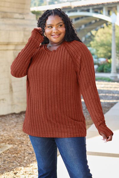 Basic Bae Full Size Ribbed Round Neck Long Sleeve Knit Top BLUE ZONE PLANET