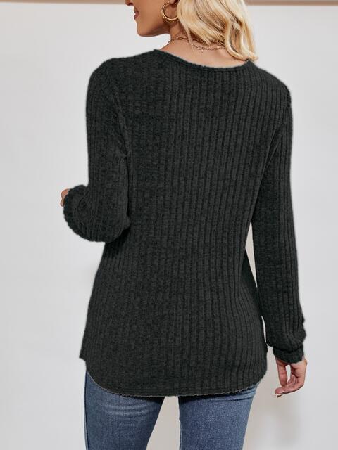 V-Neck Ribbed Long Sleeve Top BLUE ZONE PLANET