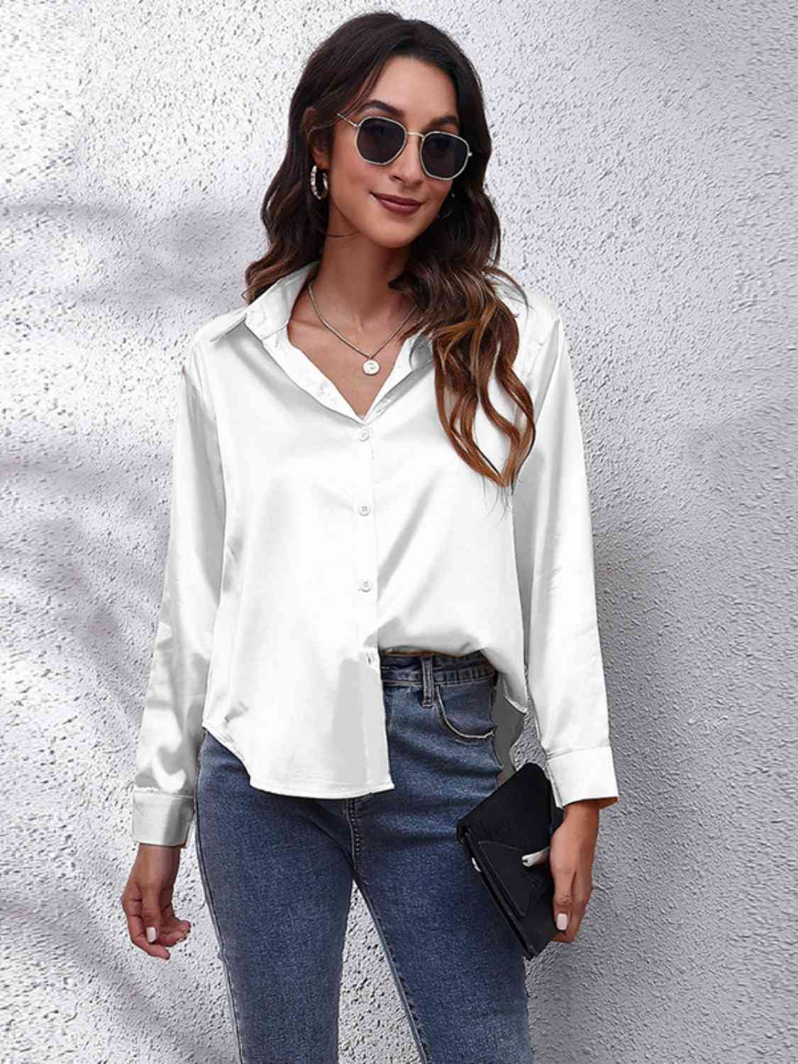 Collared Neck Buttoned Long Sleeve Shirt BLUE ZONE PLANET