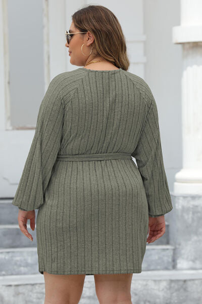 Plus Size Ribbed Tie Front Long Sleeve Sweater Dress BLUE ZONE PLANET