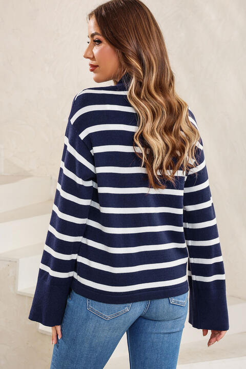 Striped Slit Drop Shoulder Sweater BLUE ZONE PLANET