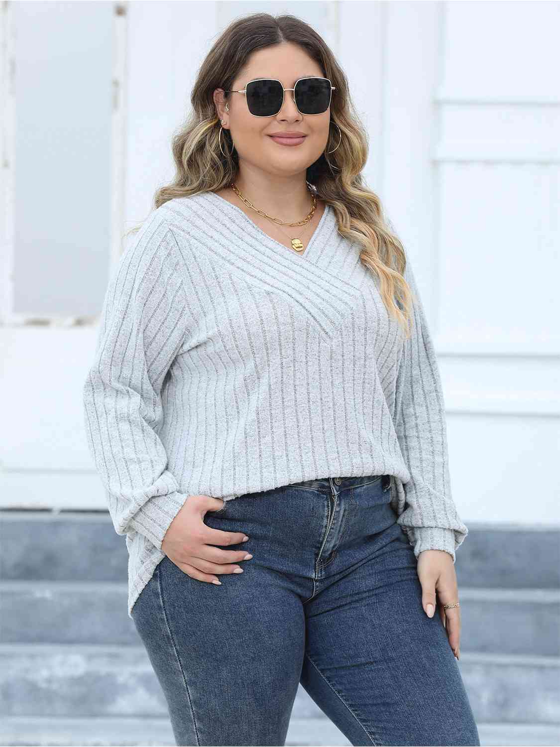 Plus Size Ribbed V-Neck Long Sleeve Top BLUE ZONE PLANET
