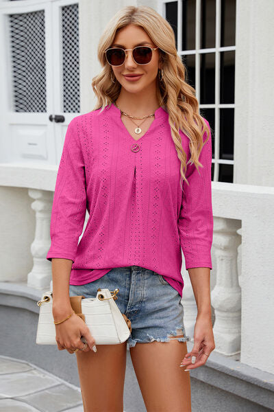 Blue Zone Planet | Eyelet Notched Knit Jacquard Top BLUE ZONE PLANET