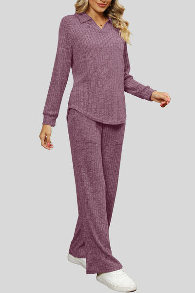 Blue Zone Planet | Ribbed Long Sleeve Top and Pocketed Pants Set BLUE ZONE PLANET