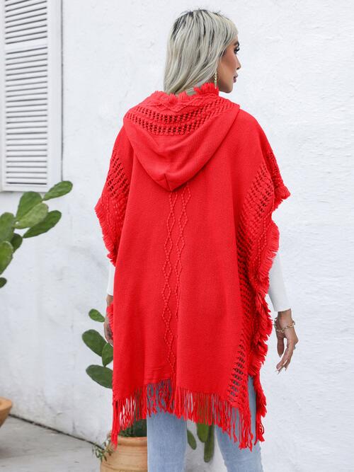 Fringe Trim Buttoned Hooded Poncho BLUE ZONE PLANET