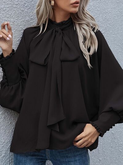 Blue Zone Planet | Tie Neck Lantern Sleeve Blouse BLUE ZONE PLANET