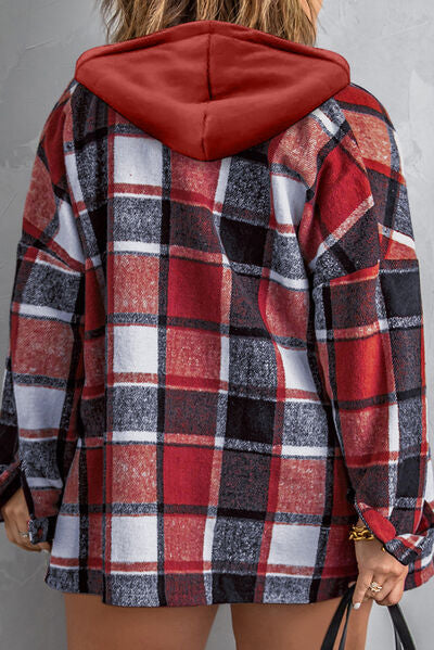 Blue Zone Planet | Plus Size Plaid Button Up Hooded Jacket BLUE ZONE PLANET