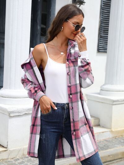 Blue Zone Planet | Plaid Belted Collared Neck Button Up Jacket BLUE ZONE PLANET