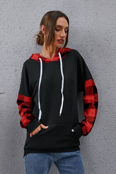Plaid Drawstring Dropped Shoulder Hoodie BLUE ZONE PLANET