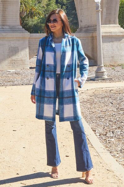 Double Take Full Size Plaid Button Up Lapel Collar Coat BLUE ZONE PLANET