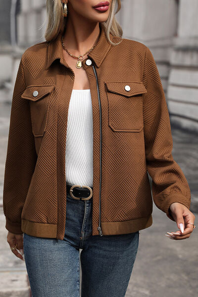 Textured Zip Up Collared Neck Jacket BLUE ZONE PLANET