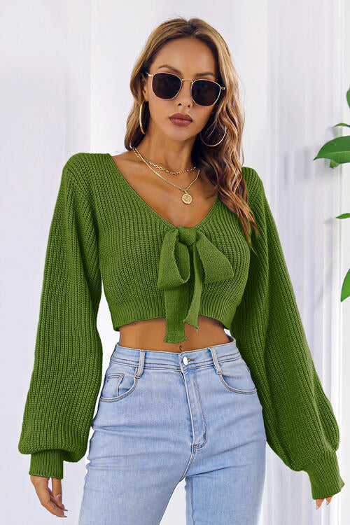 Bow V-Neck Long Sleeve Cropped Sweater BLUE ZONE PLANET