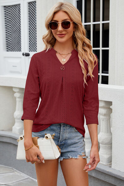Blue Zone Planet | Eyelet Notched Knit Jacquard Top BLUE ZONE PLANET