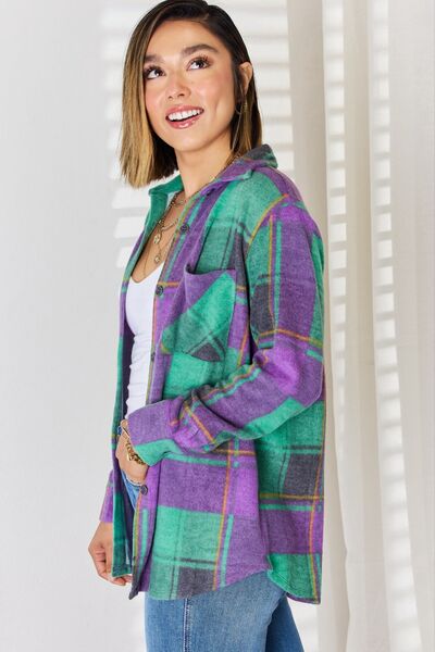 Zenana Plaid Button Up Long Sleeve Shacket BLUE ZONE PLANET