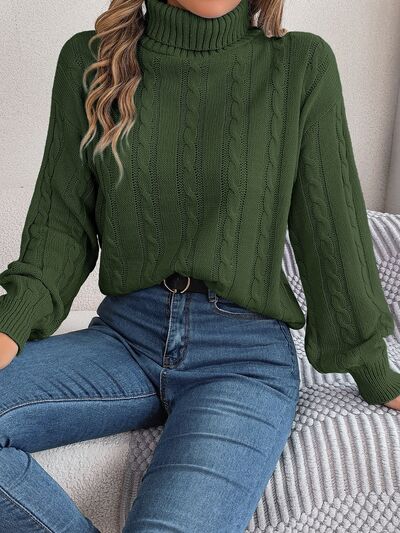 Blue Zone Planet | Cable-Knit Turtleneck Dropped Shoulder Sweater BLUE ZONE PLANET