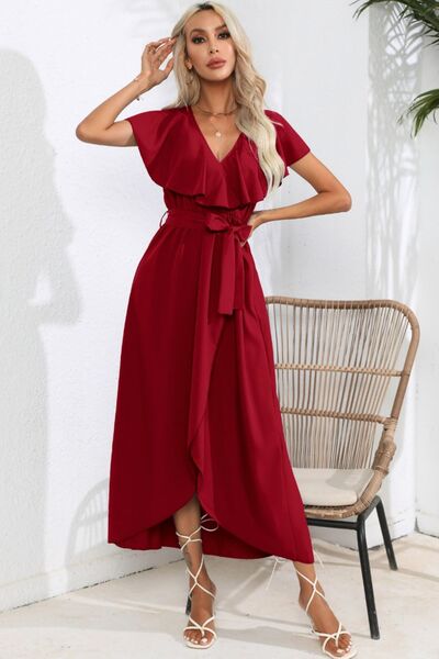 Blue Zone Planet | Ruffled Tied V-Neck Midi Dress BLUE ZONE PLANET