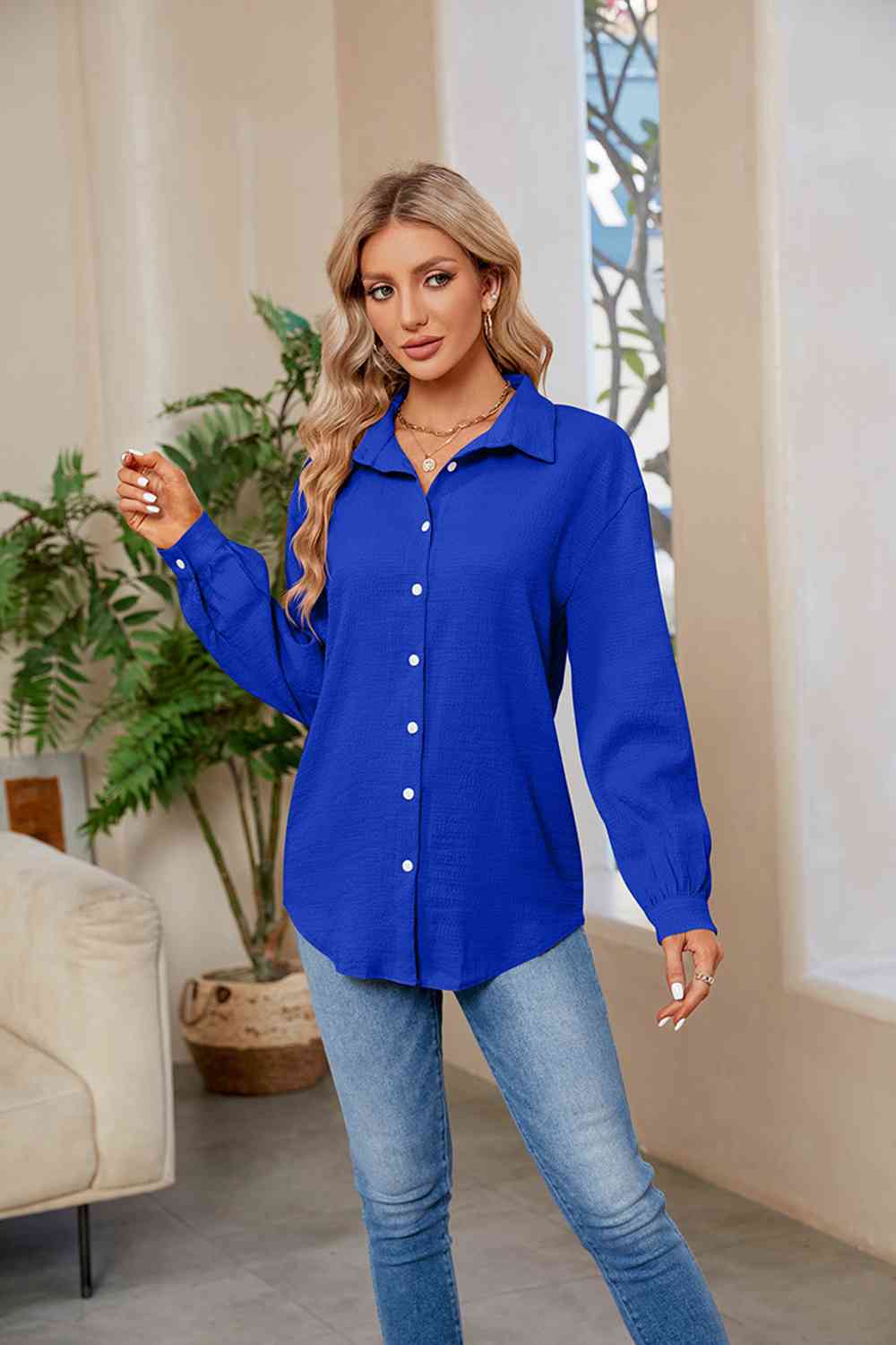 Collared Neck Buttoned Long Sleeve Shirt BLUE ZONE PLANET