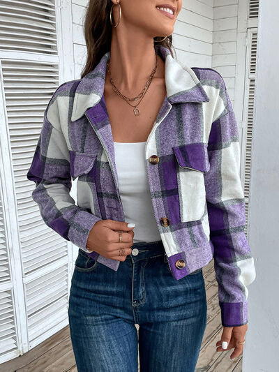 Blue Zone Planet | Plaid Button Up Drop Shoulder Cropped Jacket BLUE ZONE PLANET
