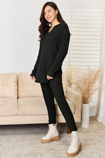 Blue Zone Planet | Basic Bae Full Size Notched Long Sleeve Top and Pants Set BLUE ZONE PLANET