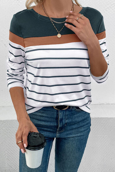 Blue Zone Planet | Striped Round Neck Long Sleeve T-Shirt BLUE ZONE PLANET
