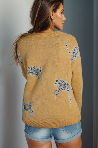 Blue Zone Planet | Animal Element Round Neck Dropped Shoulder Sweater BLUE ZONE PLANET