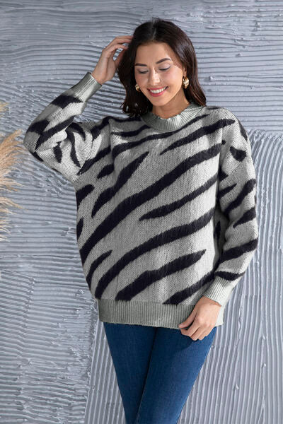 Blue Zone Planet | Animal Element Round Neck Dropped Shoulder Sweater BLUE ZONE PLANET