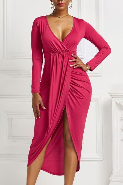 Blue Zone Planet |  High-low Ruched Surplice Long Sleeve Dress BLUE ZONE PLANET