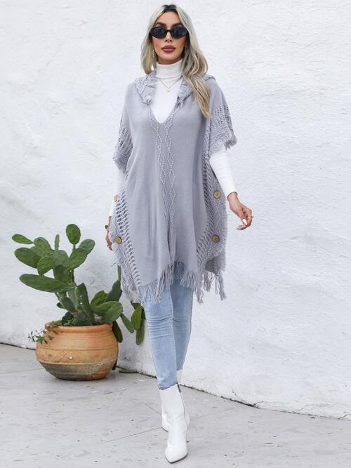 Fringe Trim Buttoned Hooded Poncho BLUE ZONE PLANET