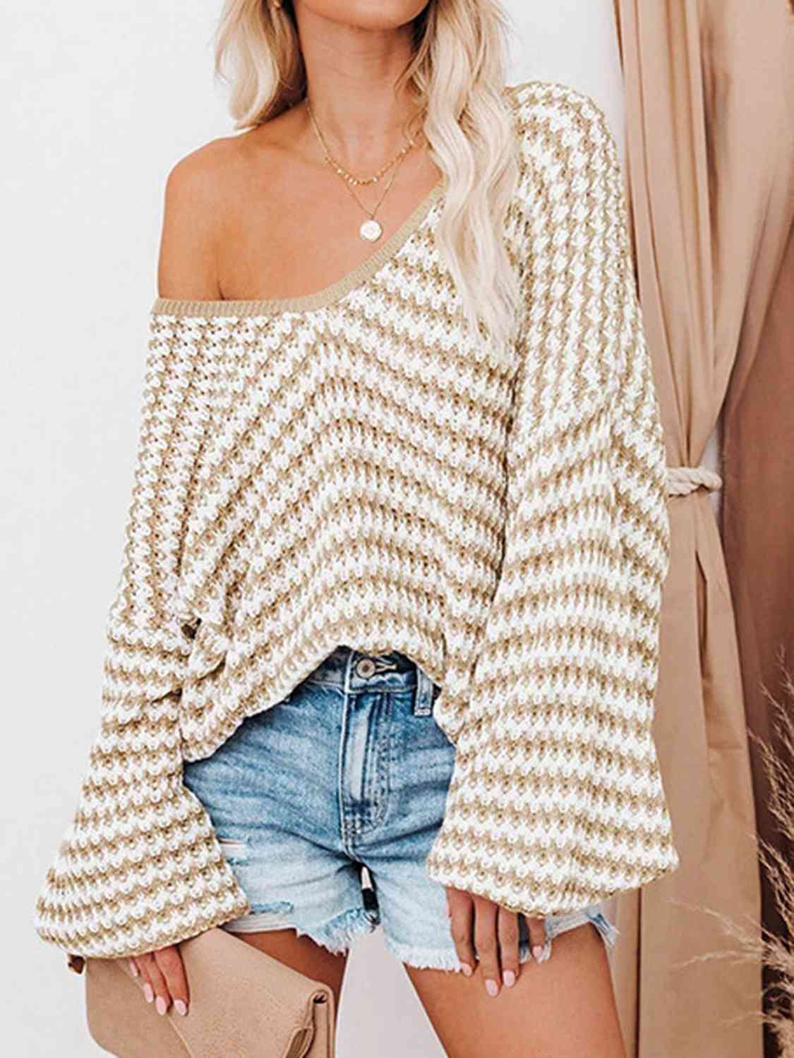 Striped Drop Shoulder V-Neck Sweater BLUE ZONE PLANET