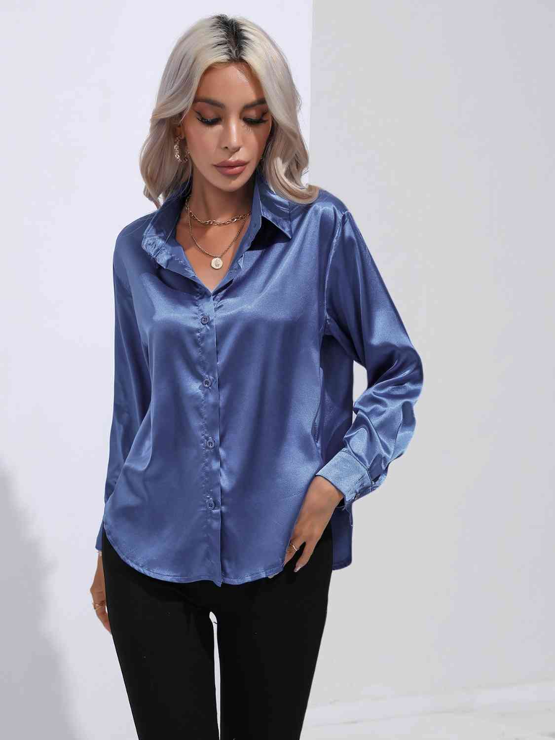 Collared Neck Buttoned Long Sleeve Shirt BLUE ZONE PLANET