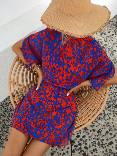 Blue Zone Planet | Tied Printed Mock Neck Mini Dress BLUE ZONE PLANET
