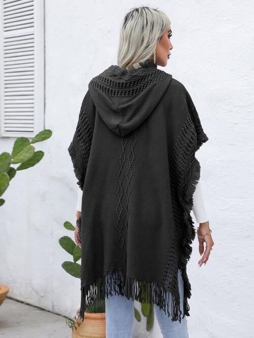 Fringe Trim Buttoned Hooded Poncho BLUE ZONE PLANET