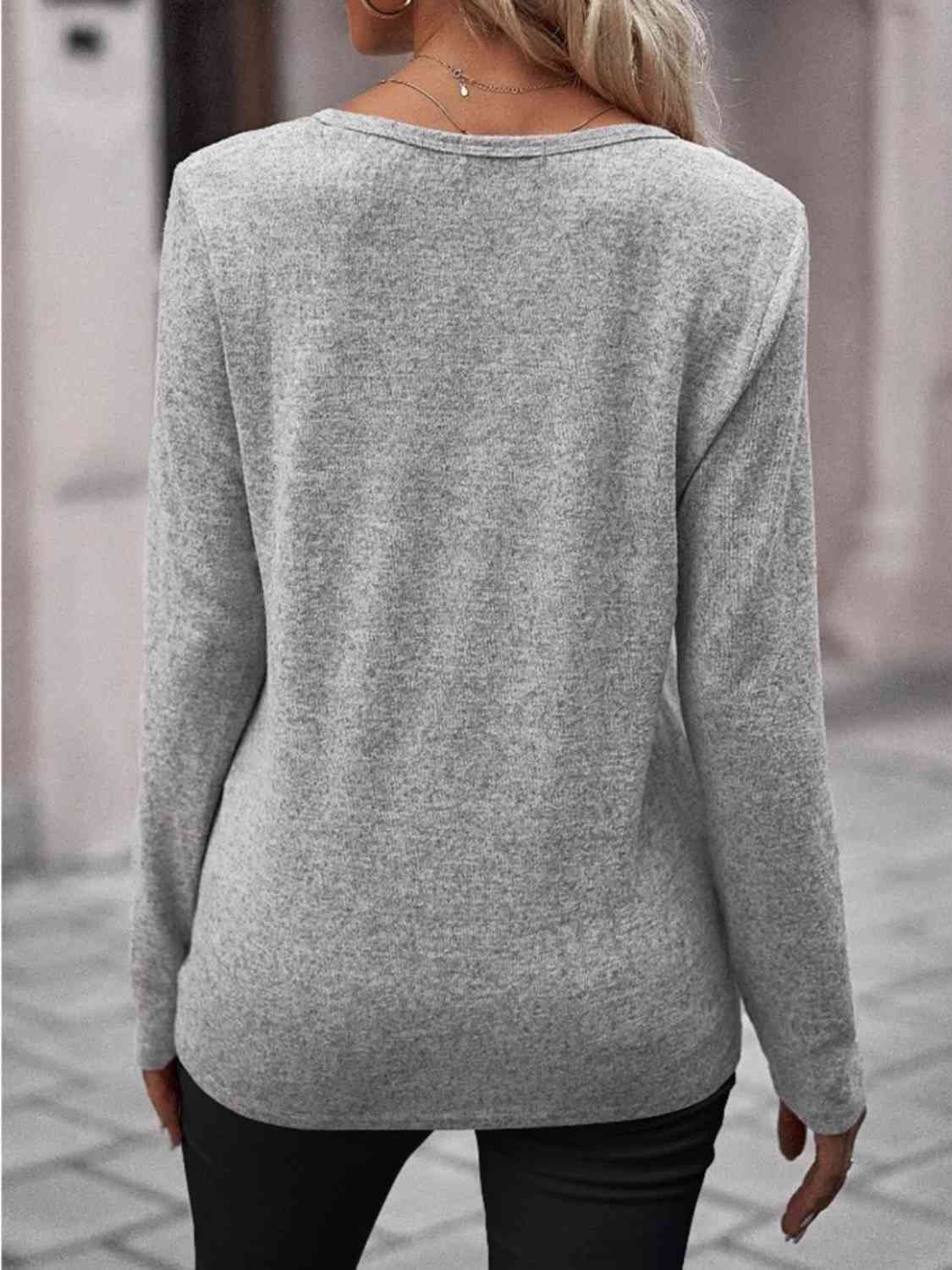 Round Neck Buttoned Long Sleeve T-Shirt BLUE ZONE PLANET