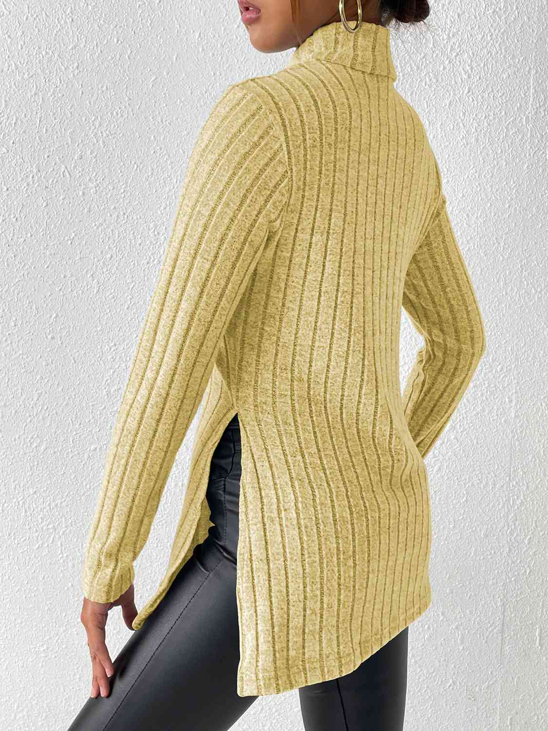 Ribbed Turtleneck Long Sleeve Slit T-Shirt BLUE ZONE PLANET