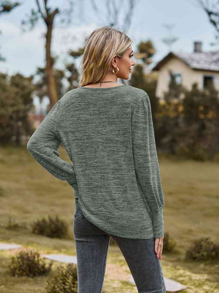 Round Neck Long Sleeve Buttoned T-Shirt BLUE ZONE PLANET