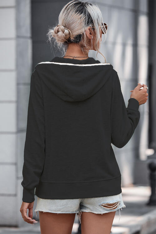 Half Button Drawstring Long Sleeve Hoodie BLUE ZONE PLANET