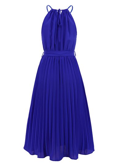 Blue Zone Planet | Pleated Spaghetti Strap Tie Waist Midi Dress BLUE ZONE PLANET