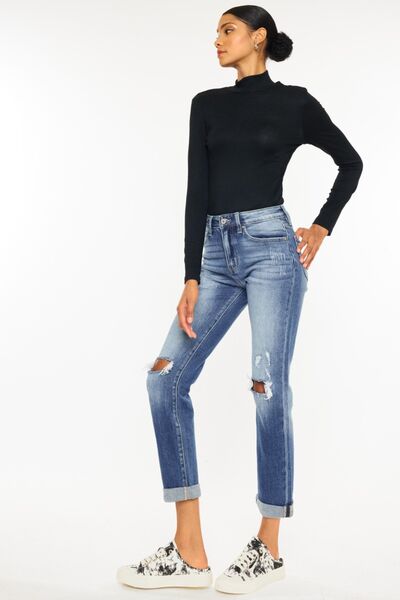 Kancan High Waist Distressed Hem Detail Cropped Straight Jeans BLUE ZONE PLANET