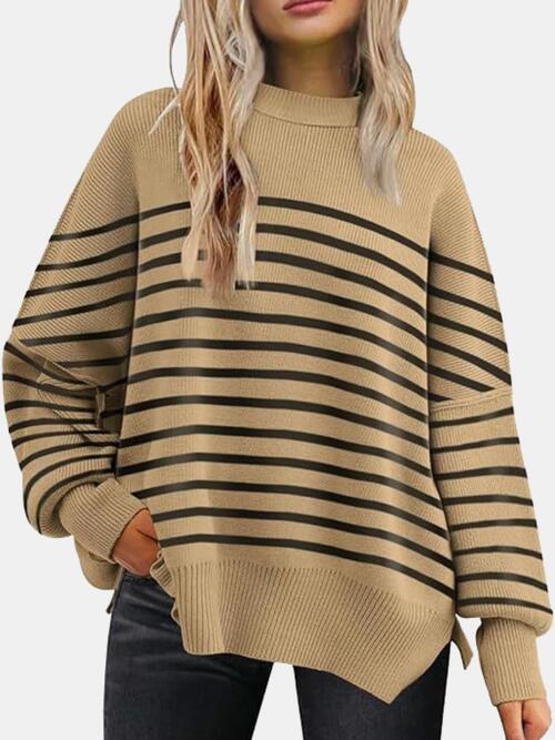 Round Neck Drop Shoulder Slit Sweater BLUE ZONE PLANET