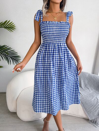 Frill Plaid Square Neck Midi Dress BLUE ZONE PLANET