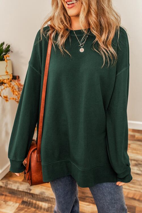 Round Neck Drop Shoulder Slit Sweatshirt BLUE ZONE PLANET