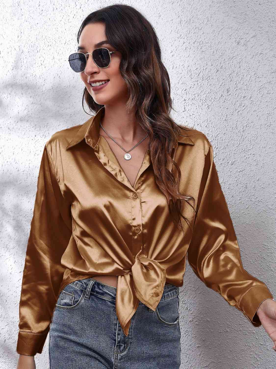 Collared Neck Buttoned Long Sleeve Shirt BLUE ZONE PLANET