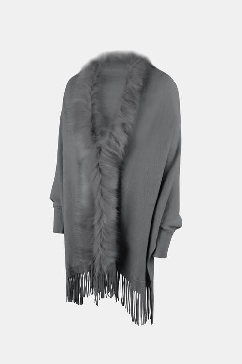 Fringe Open Front Long Sleeve Poncho BLUE ZONE PLANET