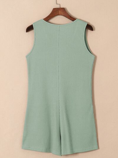 Waffle-Knit Half Button Sleeveless Romper with Pockets Trendsi