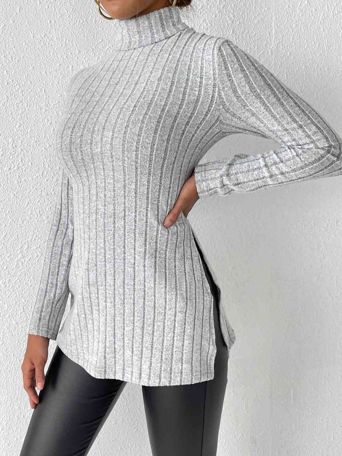 Ribbed Turtleneck Long Sleeve Slit T-Shirt BLUE ZONE PLANET