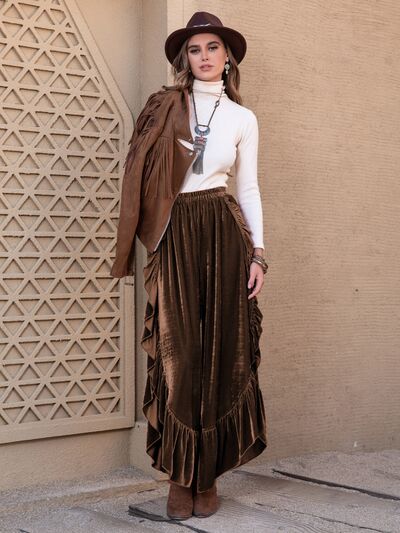 Blue Zone Planet | Ruffle Trim Wide Leg Slit Pants BLUE ZONE PLANET