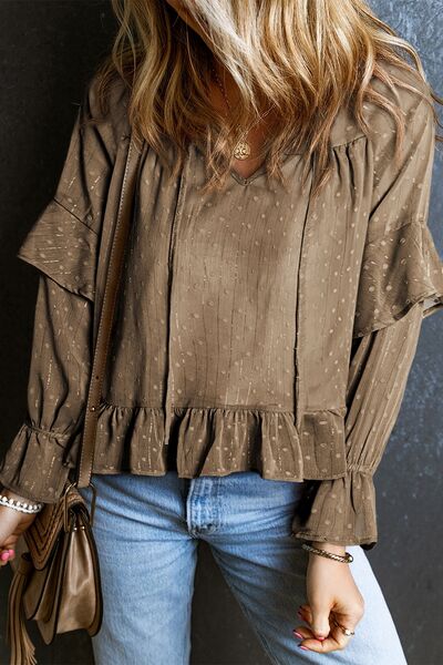Swiss Dot Tie Neck Flounce Sleeve Blouse Trendsi