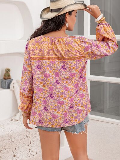 Blue Zone Planet | Plus Size Tie Neck Tassel Printed Blouse BLUE ZONE PLANET