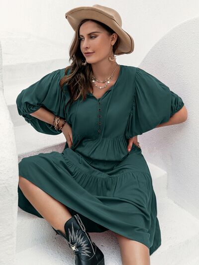 Plus Size Tie Neck Balloon Sleeve Midi Dress BLUE ZONE PLANET